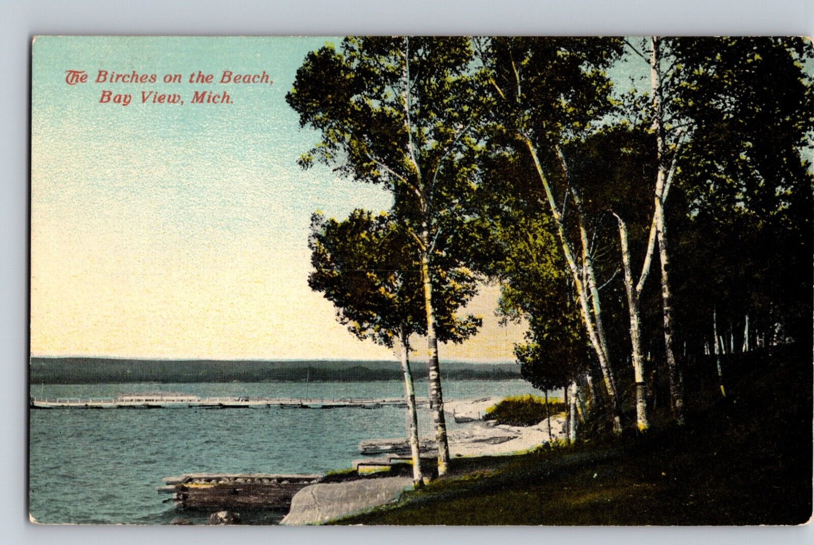 C1940 The Birches on the Beach Docks Lake Rocks Bay View MI Postcard