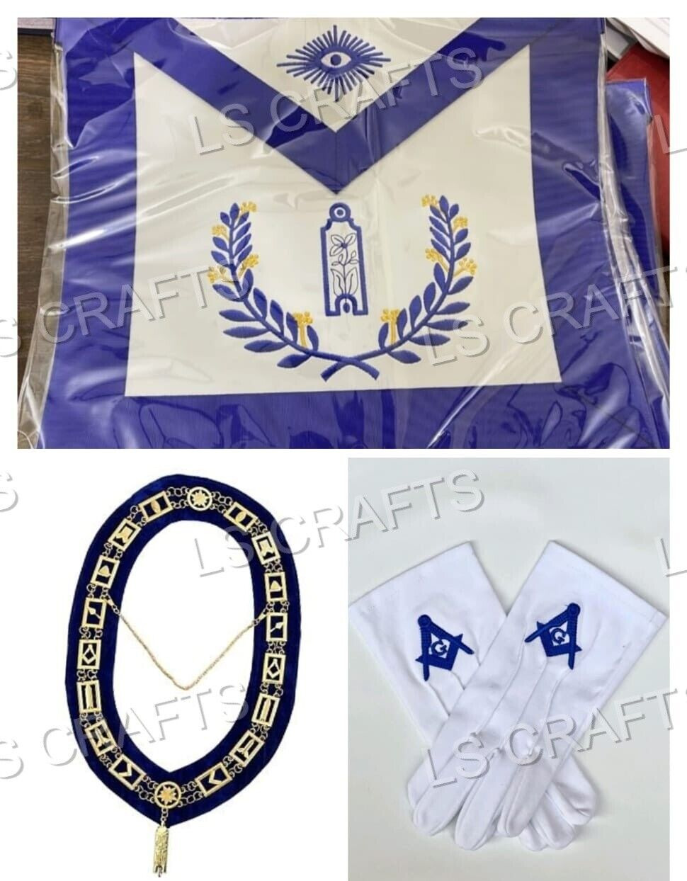 MASONIC BLUE LODGE OFFICER JUNIOR WARDEN APRON AND  CHAIN COLLAR WITH JEWEL