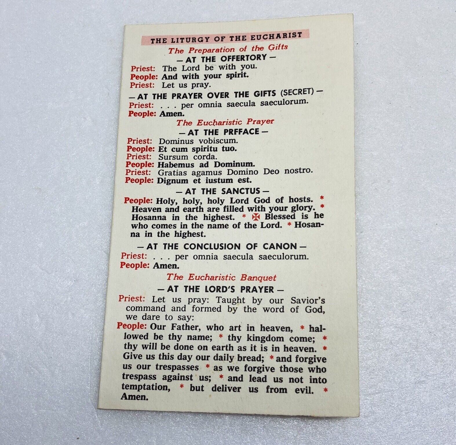 Vintage 1960: The Liturgy Of The Word Of God, Eucharist, Holy Mass Card Rare P2