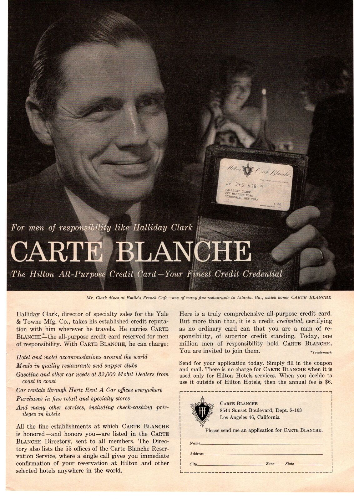 1959 Carte Blanche Hilton Hotel Credit Card Emile\'s French Cafe Atlanta Print Ad