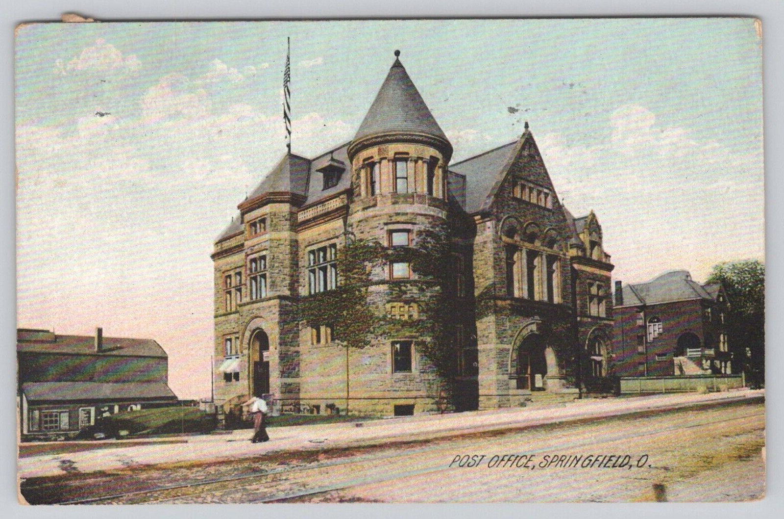 Postcard Post Office Springfield Ohio  rotograph  1908 street view  *a5