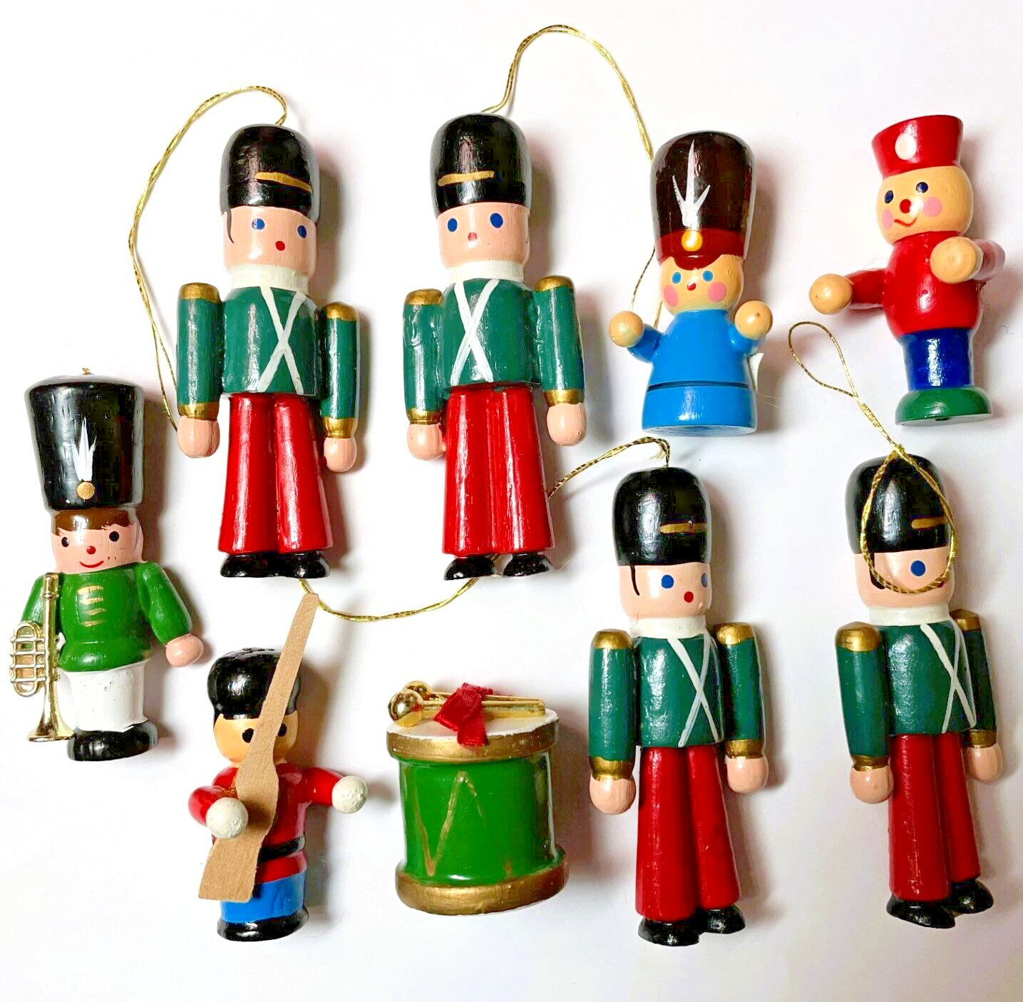 Wooden Soldier Vintage Christmas Ornaments Drum Trumpet Rifle Handcrafted China