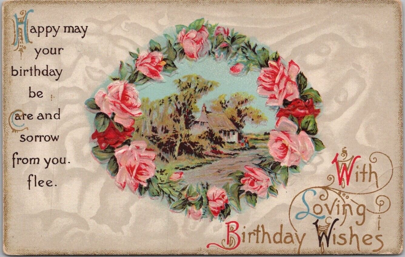 c1910s HAPPY BIRTHDAY Greetings Postcard Cottage Scene / Pink Roses - UNUSED