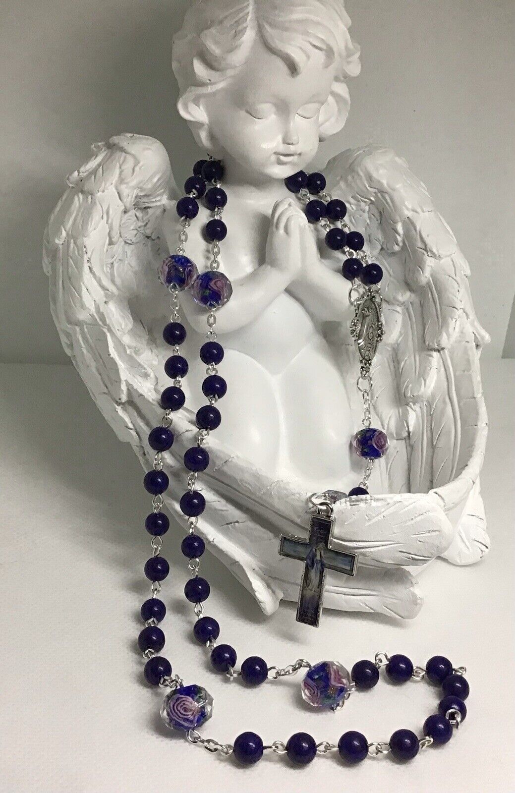 Exquisite Lapis Lazuli, Lampwork Glass And Colorized Cross Highlight This Rosary