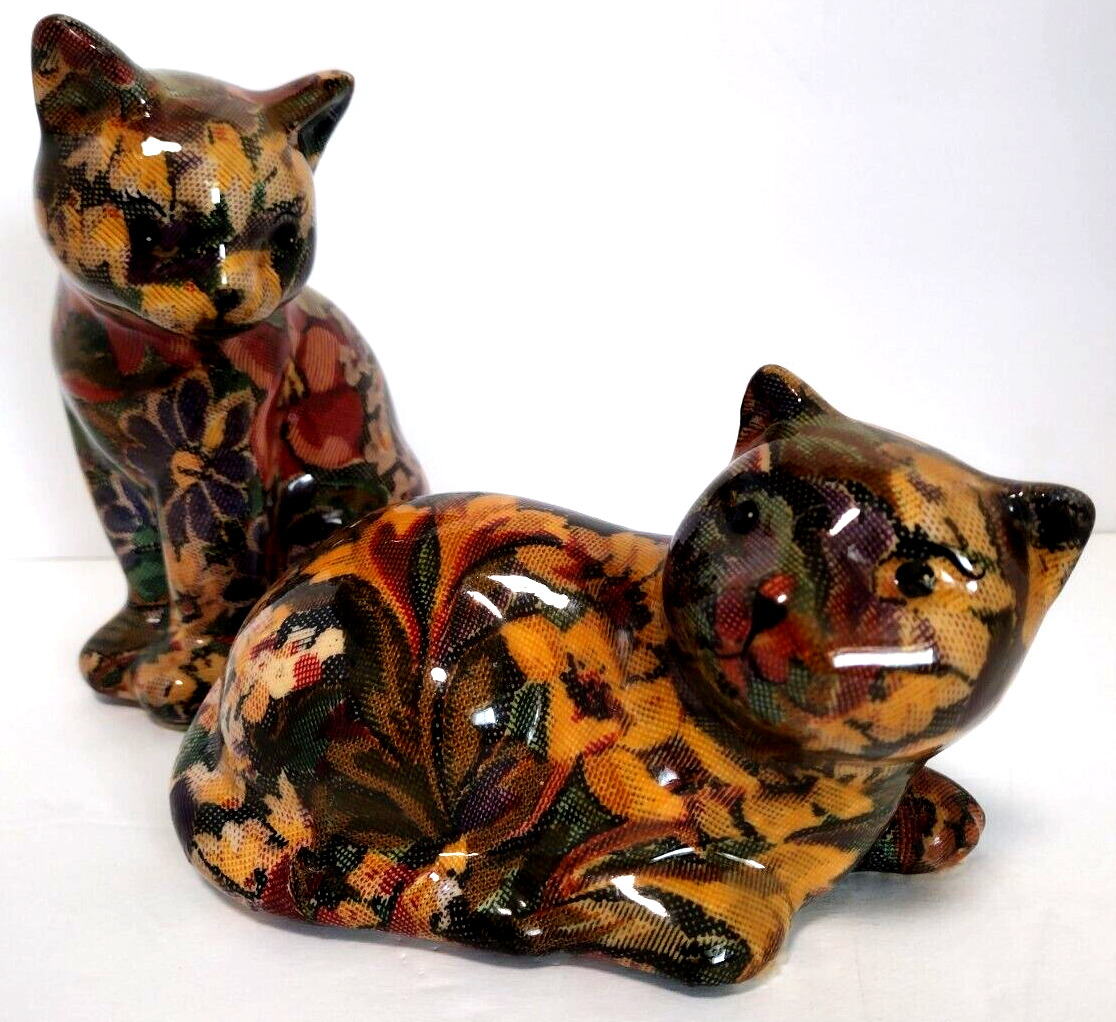Cat Figurines Victorian Style Ceramic Glazed Flower Fabric Vintage