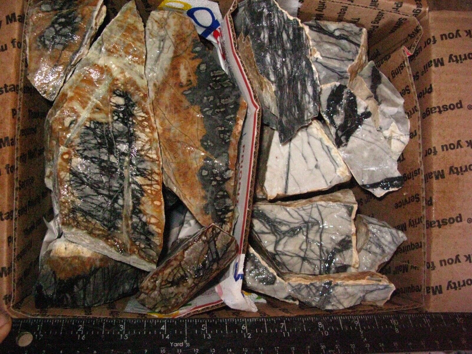 BOX OF 1/2 PRIMO PICASSO 1/2 PRIMO SPIDER WEB MARBLE,CAB,SLAB,LAPIDARY 16+POUNDS