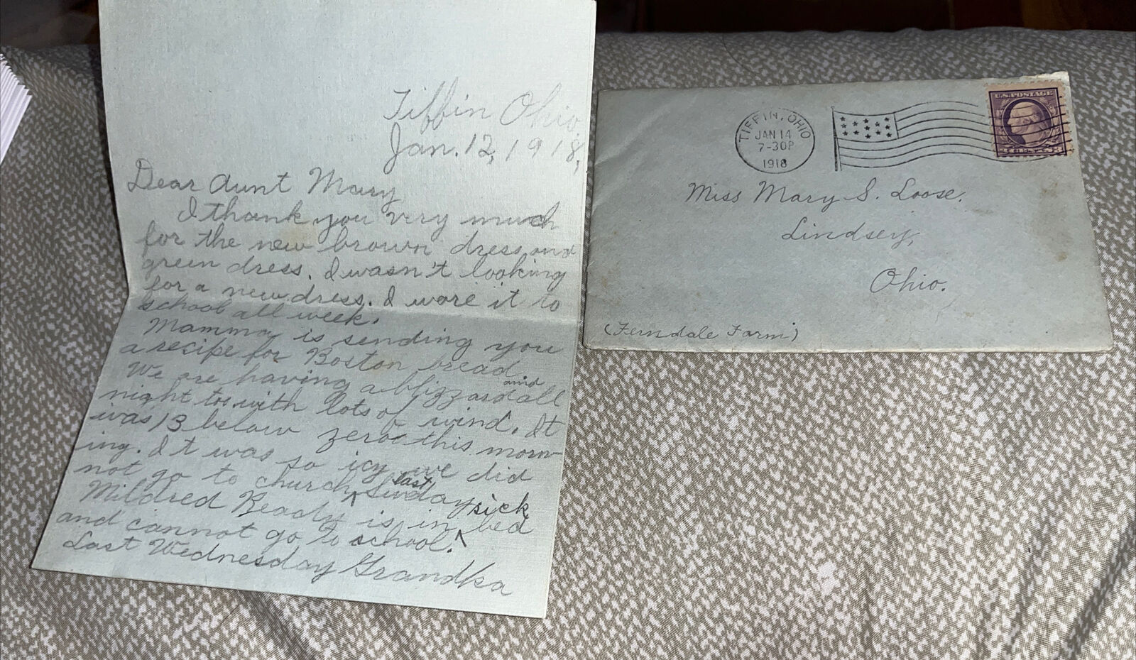 Antique 1918 Letter Tiffin Ohio to Lindsey OH Mentions Blizzard Below Zero Temps