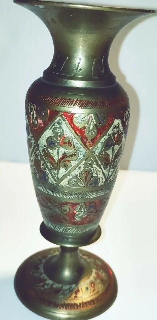 Vintage India Carved Brass Painted Vase 6 Inches Ornate Engraved Brass