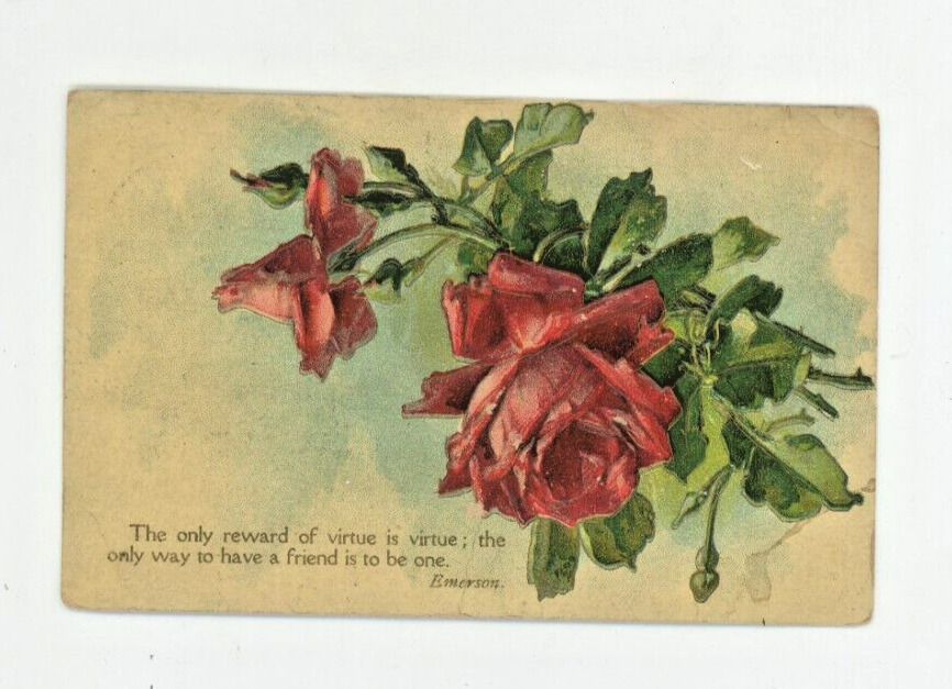 Vintage Postcard  FLOWER   RED ROSES  EMERSON QUOTE EMBOSSED    POSTED STAMP