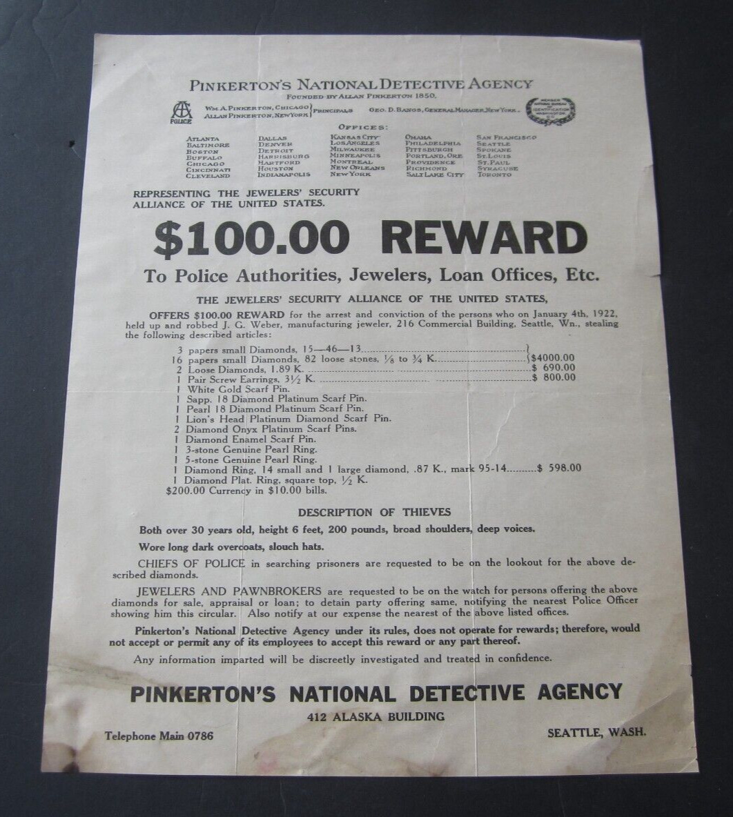 Old 1922 - PINKERTON\'S NATIONAL DETECTIVE AGENCY - $100 REWARD - Seattle WASH.