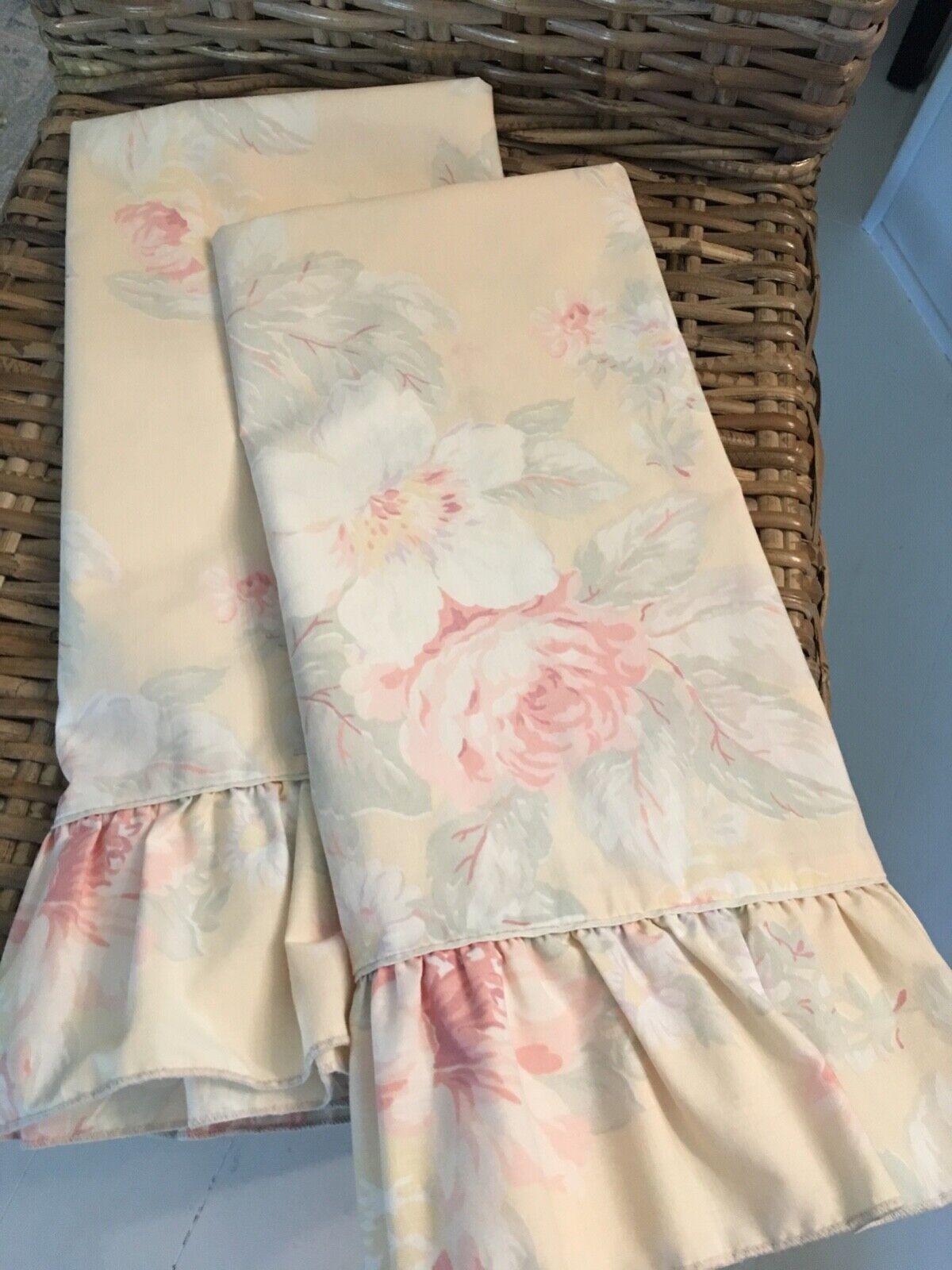 Vintage Pair ~ Ruffled Std. Pillowcases ~ Ivory ~ Soft Florals by Cannon