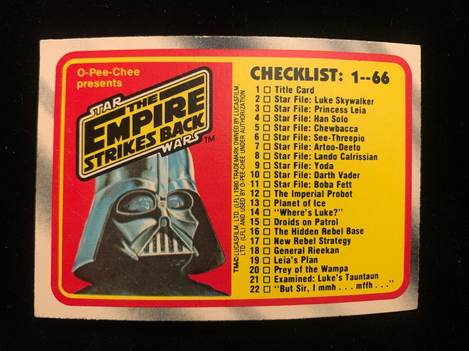 1980 OPC Star Wars Empire Strikes Back Series 1 CHECKLIST #131 Vg+/Ex Unmarked
