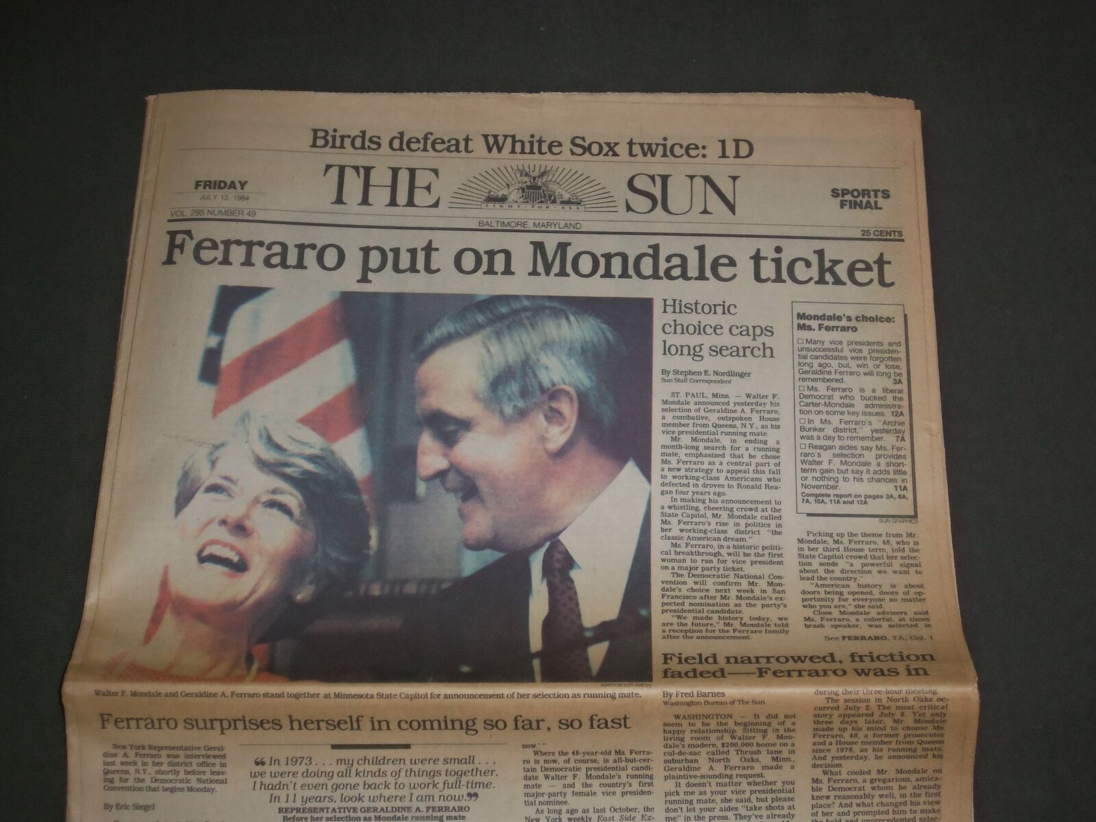 1984 JULY 13 THE BALTIMORE SUN - GERALDINE FERRARO FOR VP WITH MONDALE - NP 2957