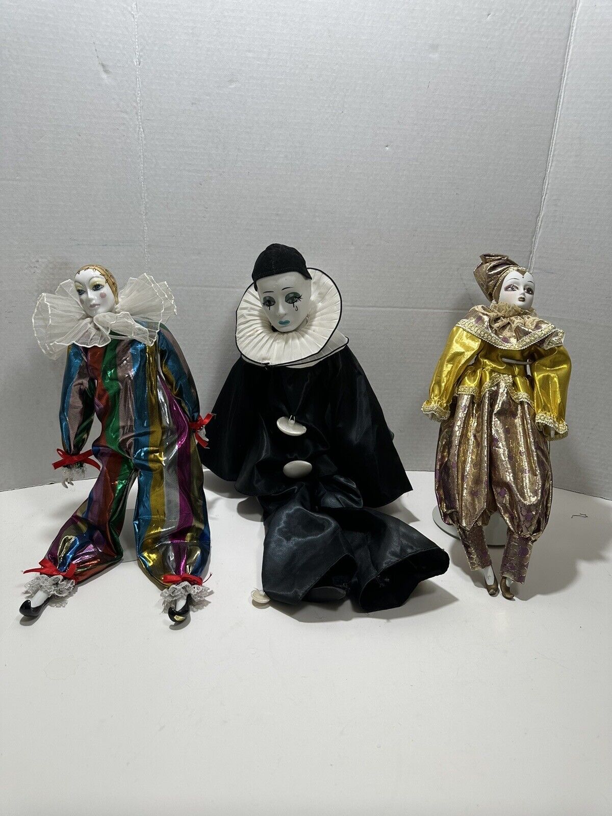 Lot Of 3 Vintage Pierrot Clown Porcelain Doll Black Kaiser Metal Stand Rare