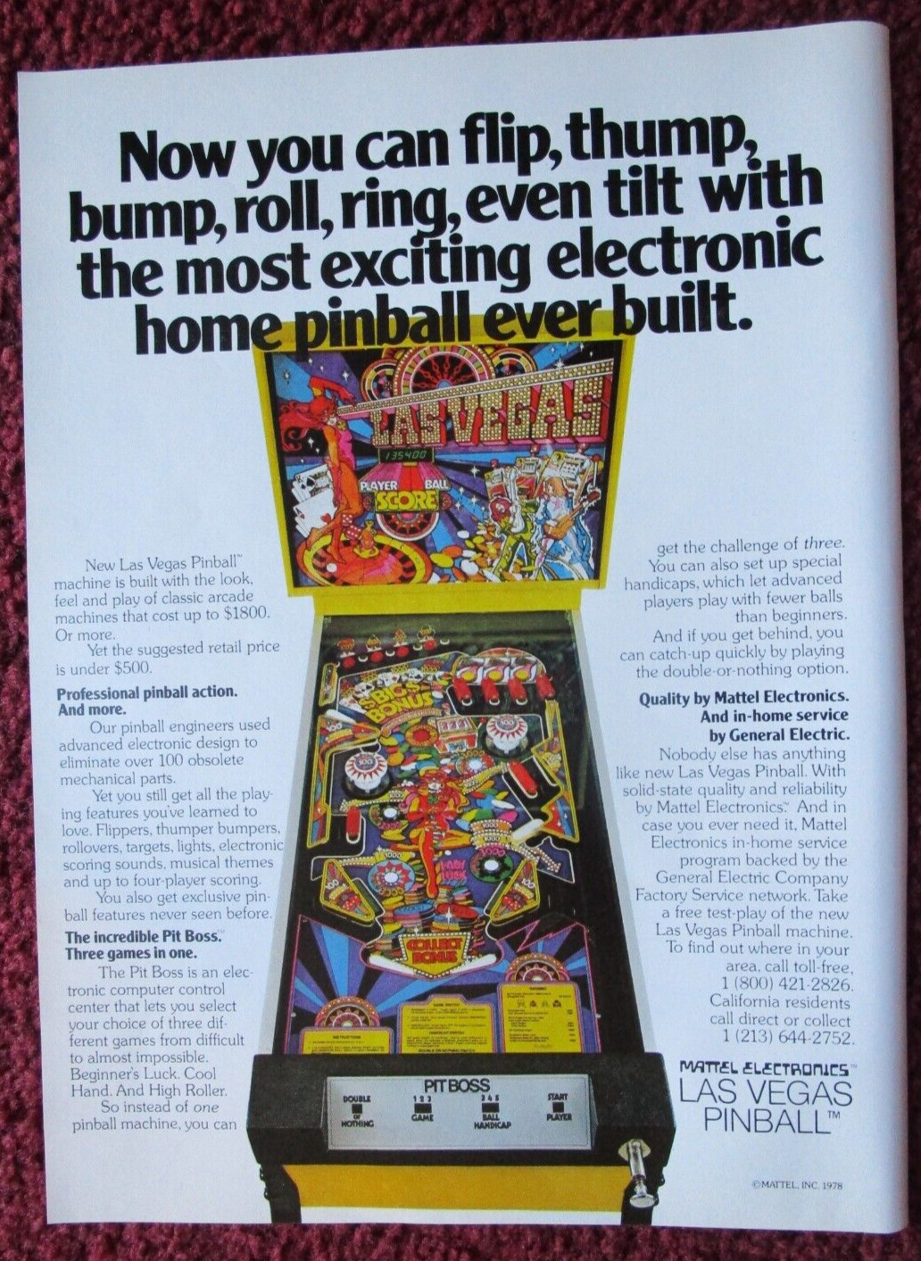 1978 MATTEL Electronics Pinball Machine Print Ad ~ LAS VEGAS in Your Home Arcade