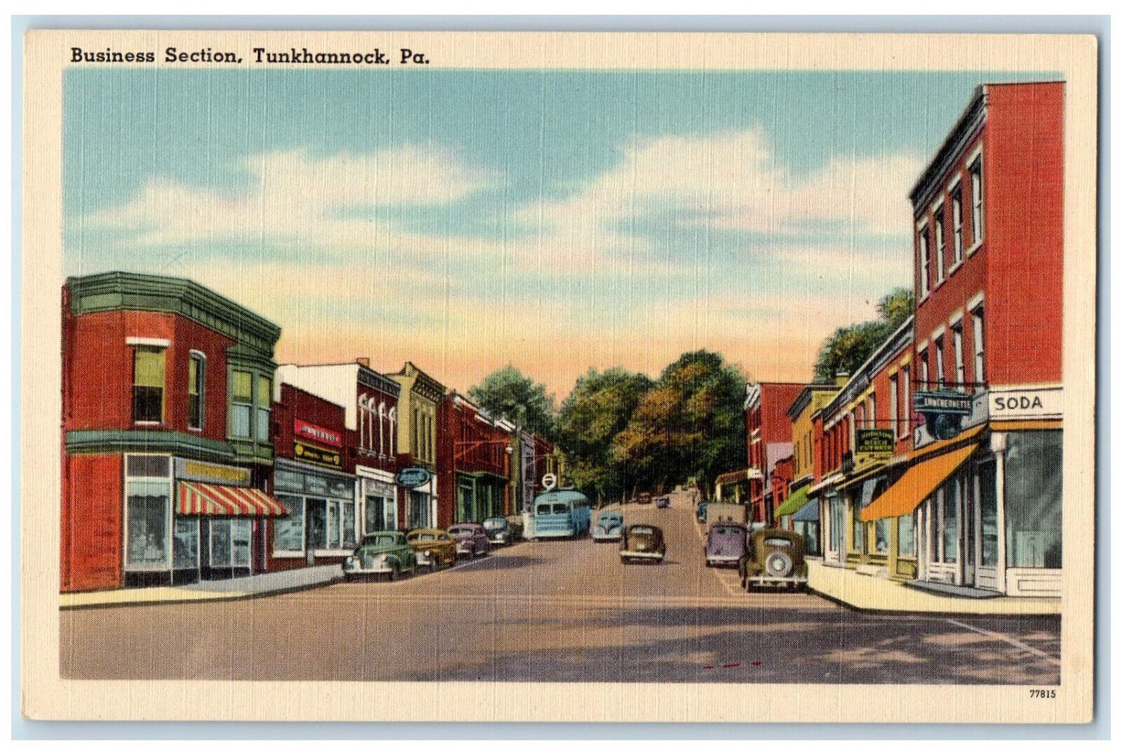 c1940\'s Soda Shop, Cars, Business Section, Tunkhannock Pennsylvania PA Postcard