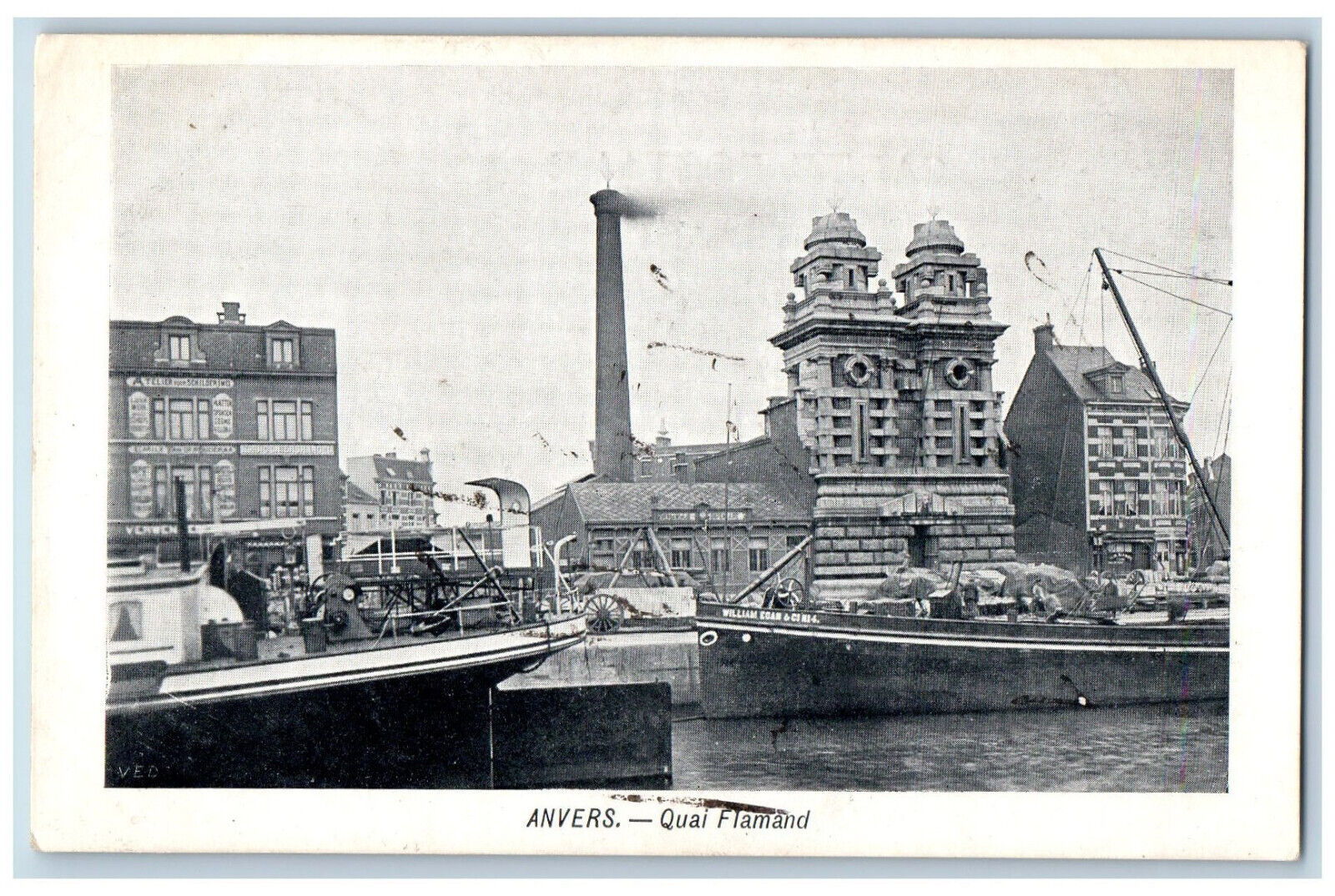 Antwerp Belgium Postcard Sailboats Buildings Scene Quai Flamand c1940\'s