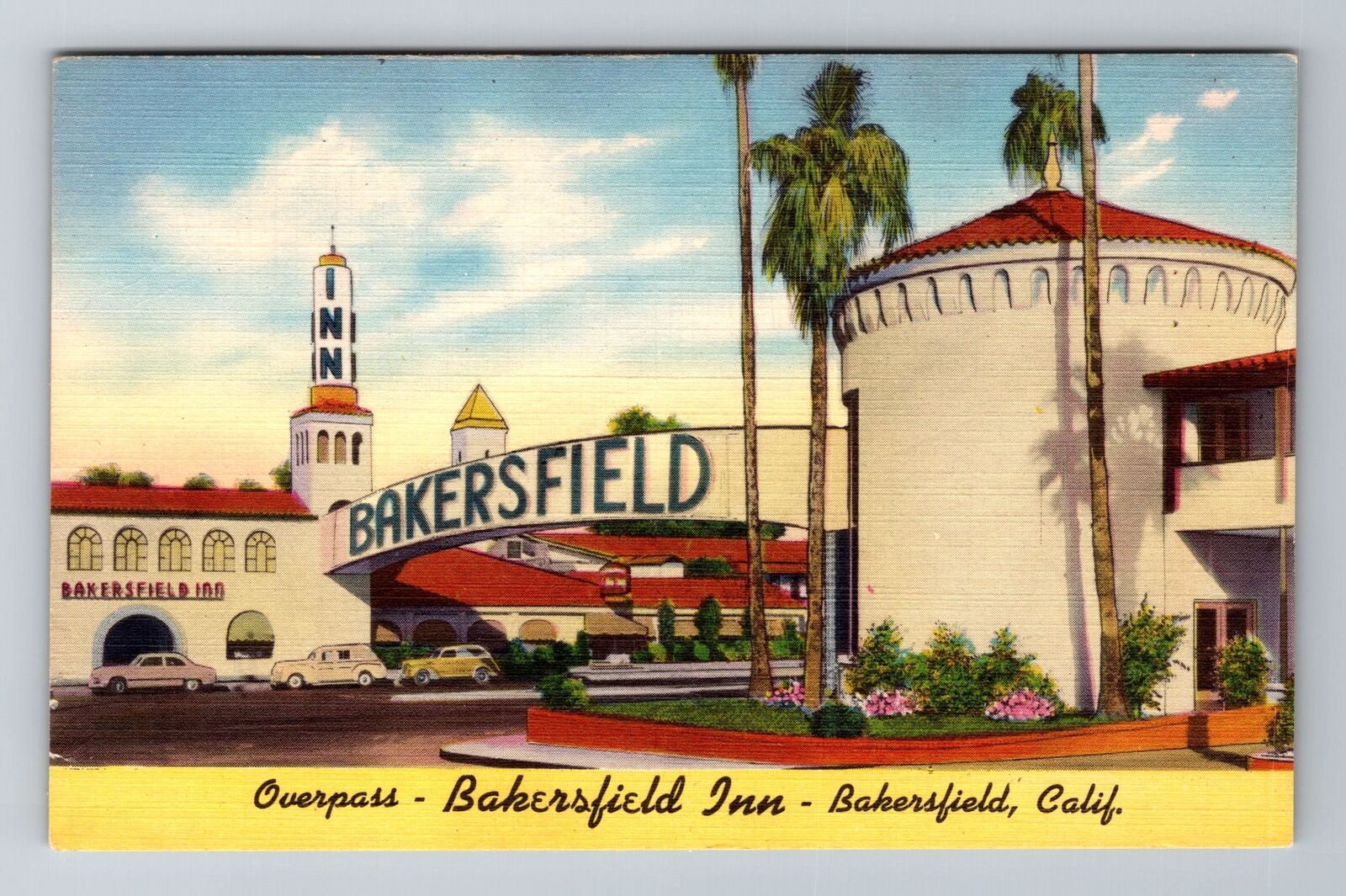 Bakersfield CA-California, Overpass, Bakersfield Inn Advertise Vintage Postcard