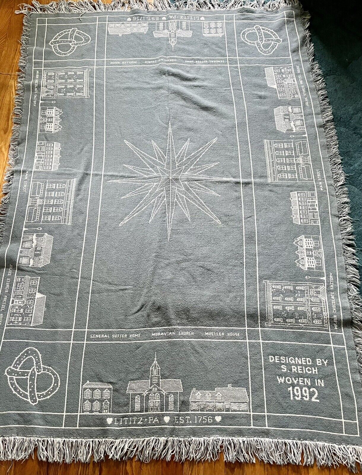 Vintage Lititz Pa Woven Blanket Blue Collectible Historic 1992 70 in. x 42 In.