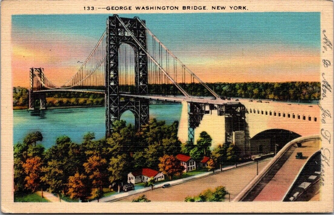 New York Ny NJ New Jersey George Washington Bridge Vintage Postcard PM 1942