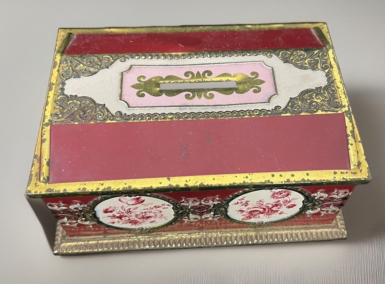 Vintage Linette Tin Metal Trinket Box Bank Red Floral Western Germany 