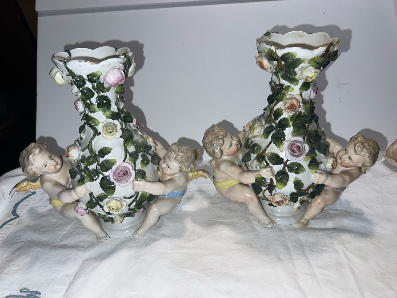 SITZENDORF Porcelain Vase  Floral PAIR Encrusted Cherubs Angels 7 1/2”