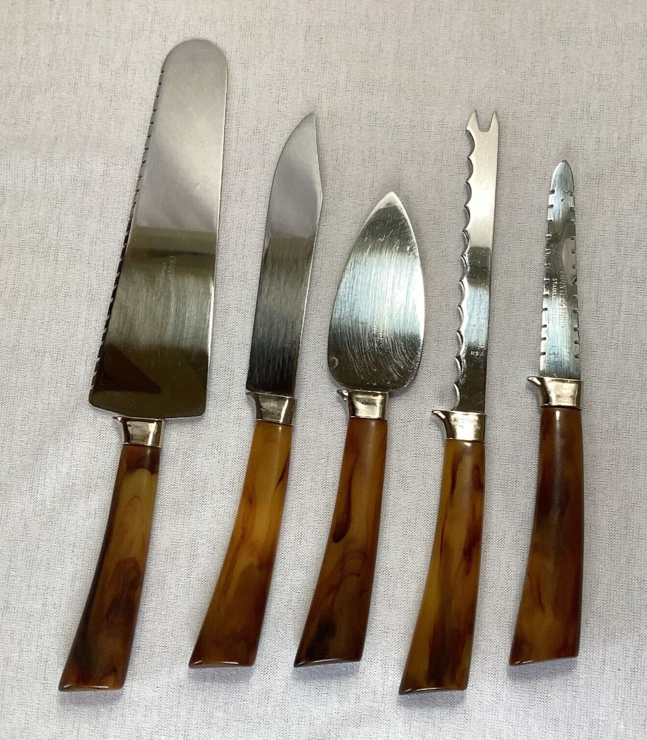 Vintage 5 pc Frontier Forge Knife Set Stainless Bakelite? Marbled Handles