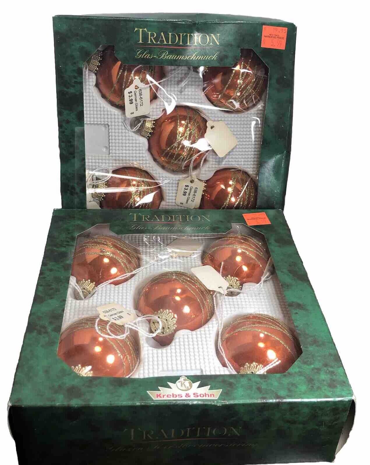 Vintage Krebs & Sohn Glass Ornaments Set of 10 In Two Boxes Red W/ Gold Glitter