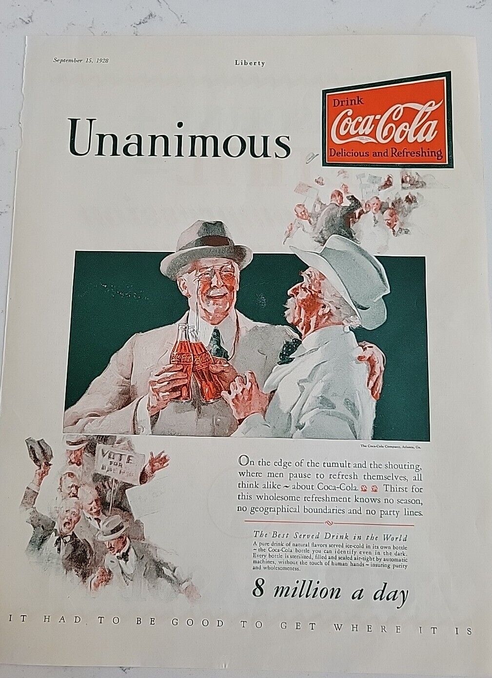 1929  Coca Cola Unanimous vote no party lines vintage ad