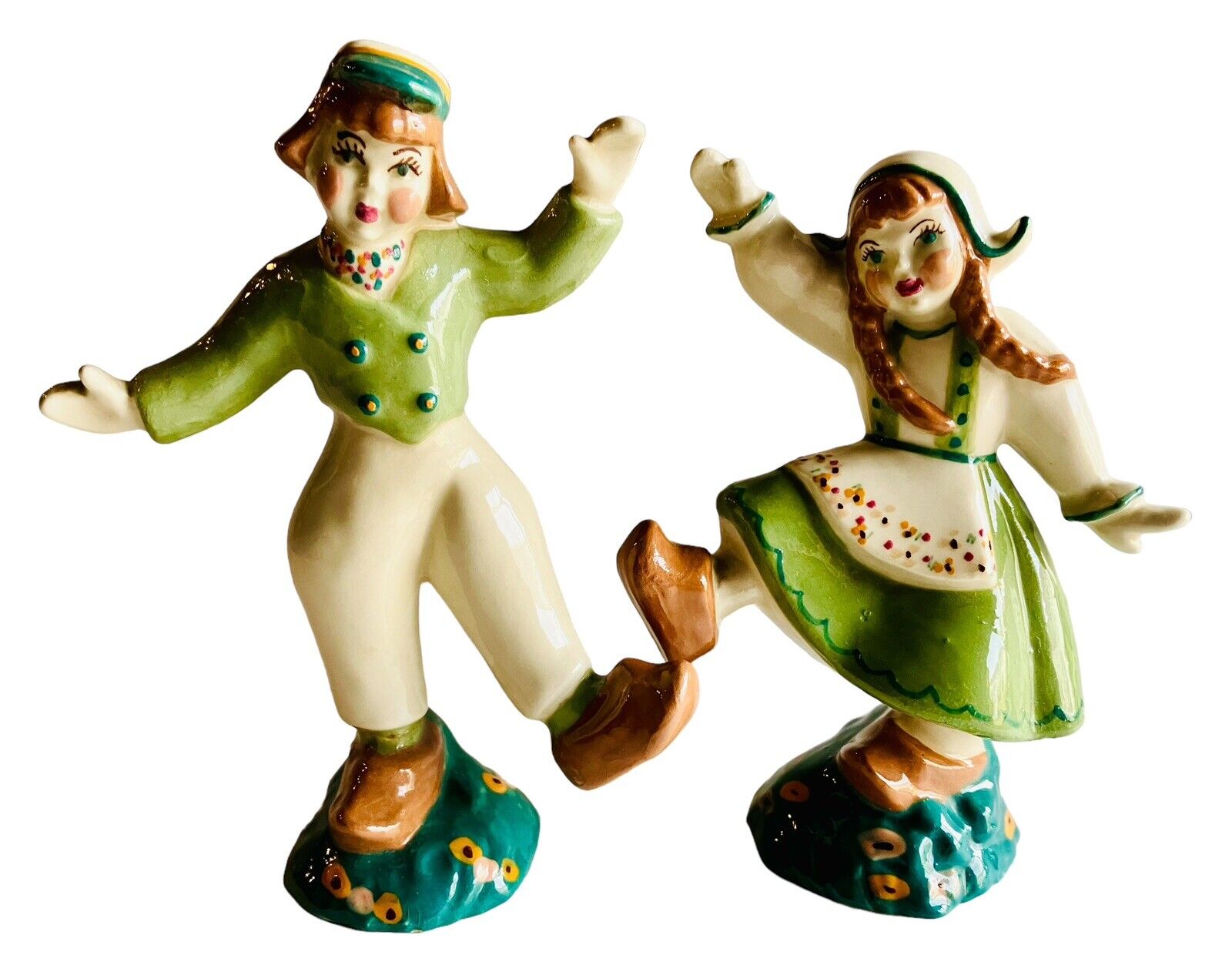 Ceramic Arts Studio Dancing Dutch Boy and Girl Figurines Green Cute Kitch Decor