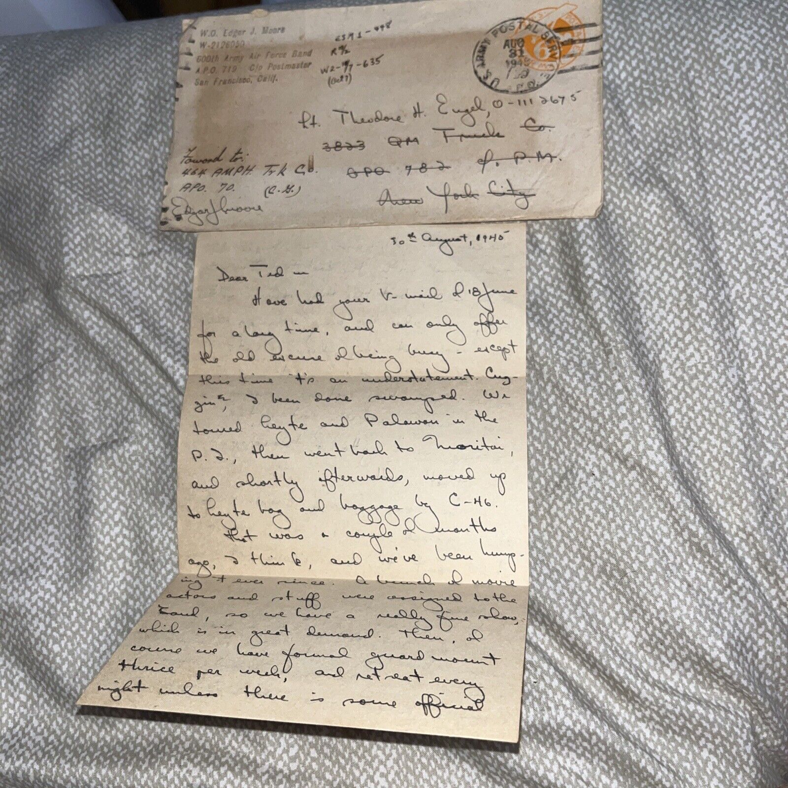 1945 WWII Letter: 600th Army Air Force Band to Lieutenant: Refused Purple Heart