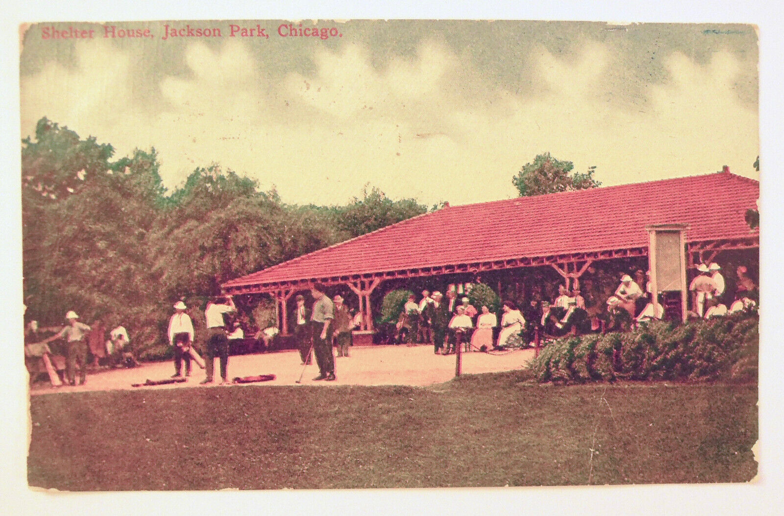 Jackson Park Chicago IL Shelter House Postcard Vintage Ben Franklin Stamp 1910s 