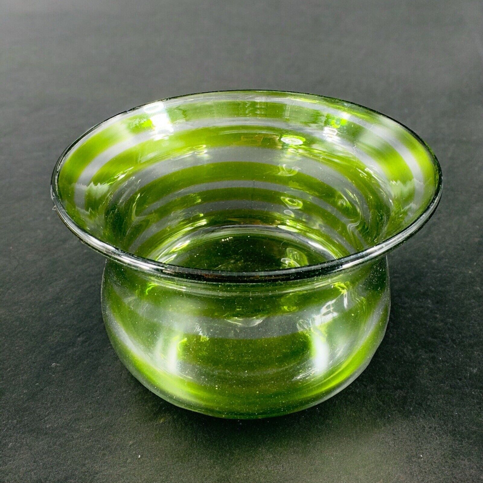 Blenko Art Glass Bowl Planter Flower Pot Hand Blown Green Clear Lines Round Vtg