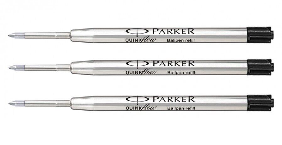 3 Genuine Parker Quink Flow Ballpoint Pen Refills, Black Fine, Made In France