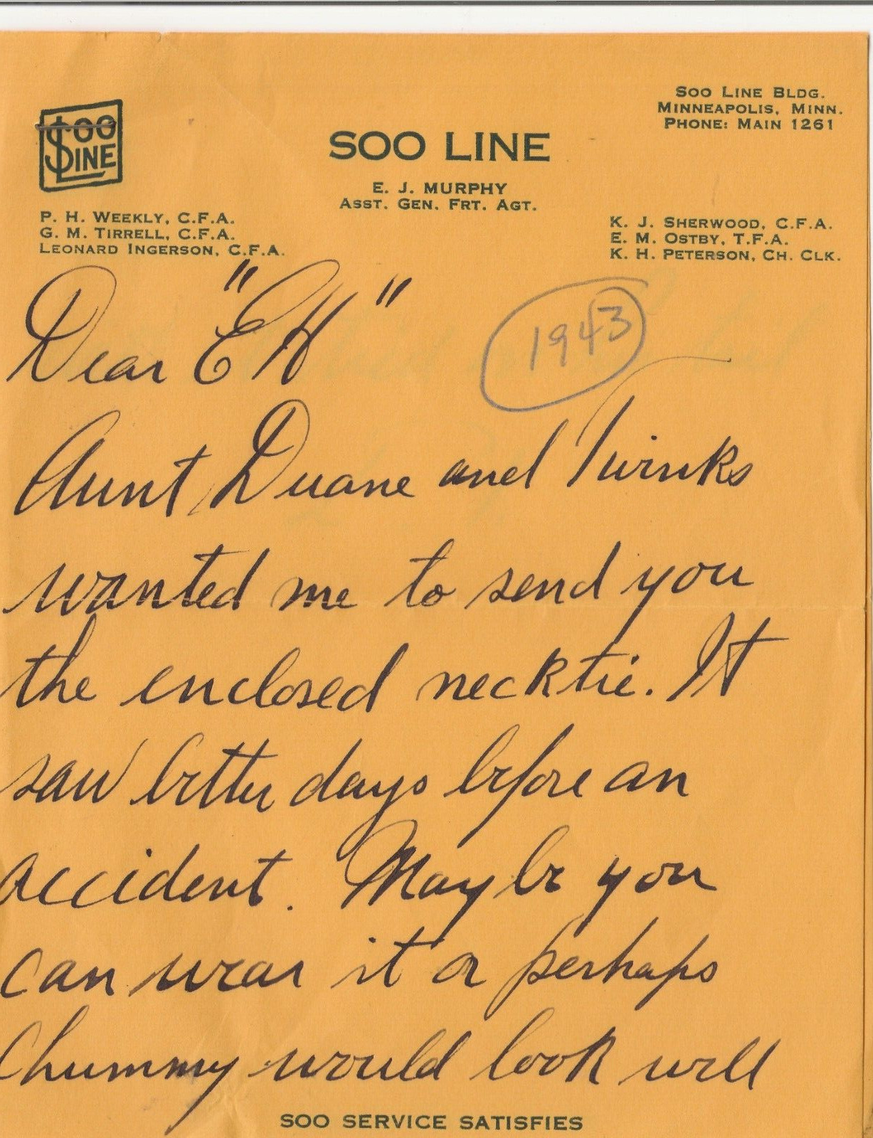 1943 Soo Line Railway Minneapolis Minn hand written letter ephemera g2