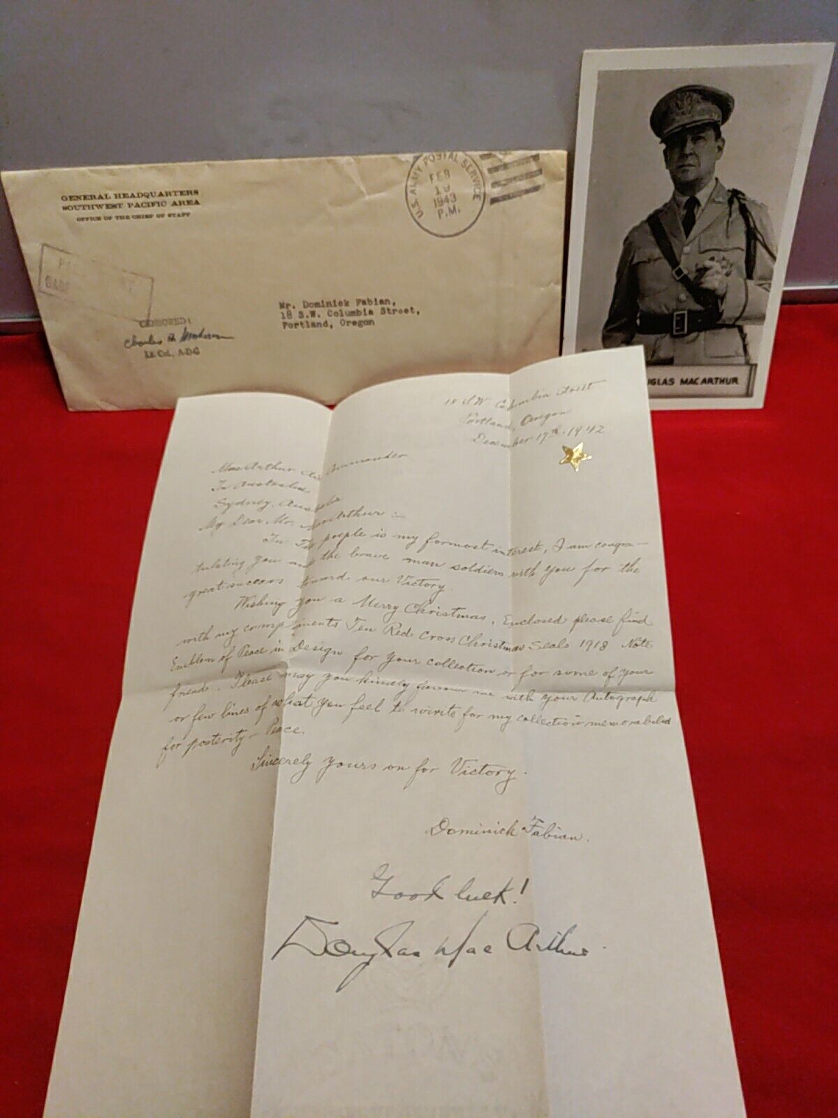 WWII General Douglas MacArthur 1943 Postmarked Envelope & Signed Letter Postcard