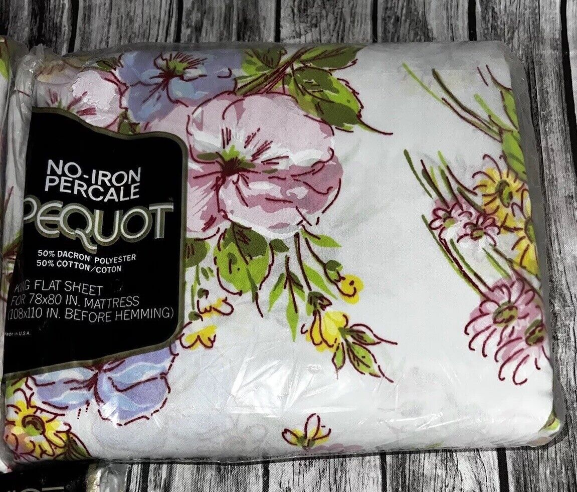 VTG NOS Pequot Floral King Size Fitted & Flat Sheets 2 Pillowcases 4pc Set NEW