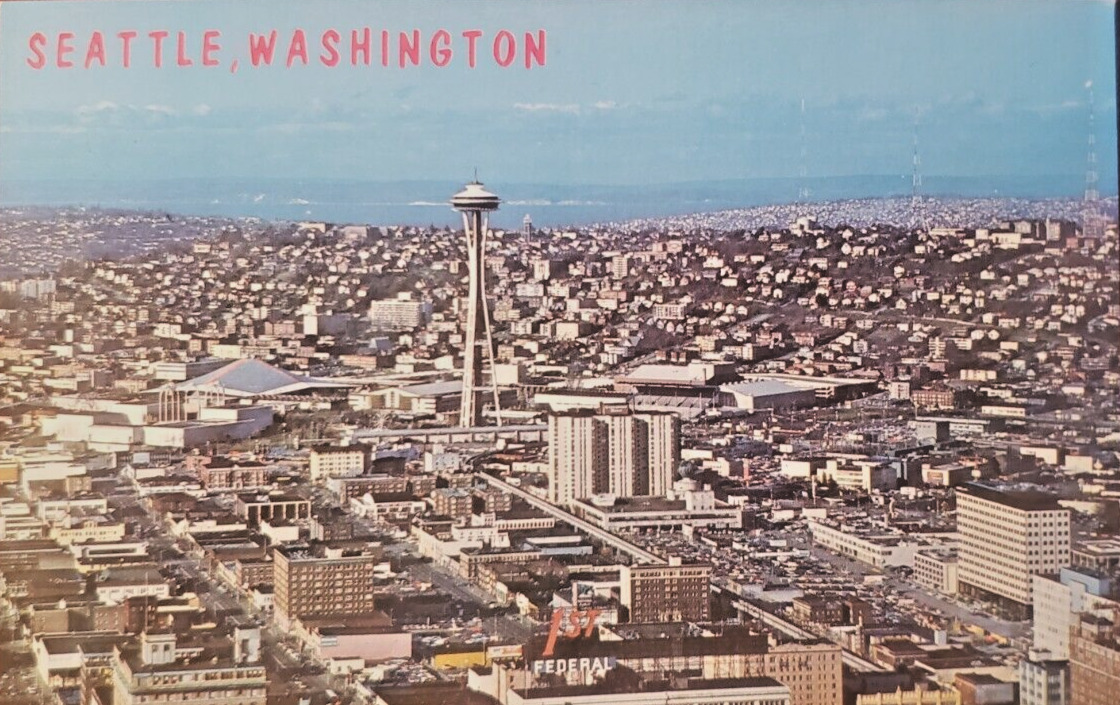 VINTAGE AIR VIEW OVER SEATTLE POST CARD 1975   SO BEAUTIFUL SEATTLE WASHINGTON  