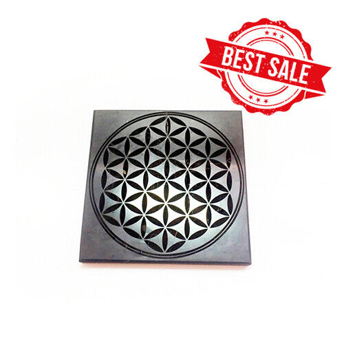 Shungite Tile with engraving Flower of life 10x10x1cm EMF protection Home design
