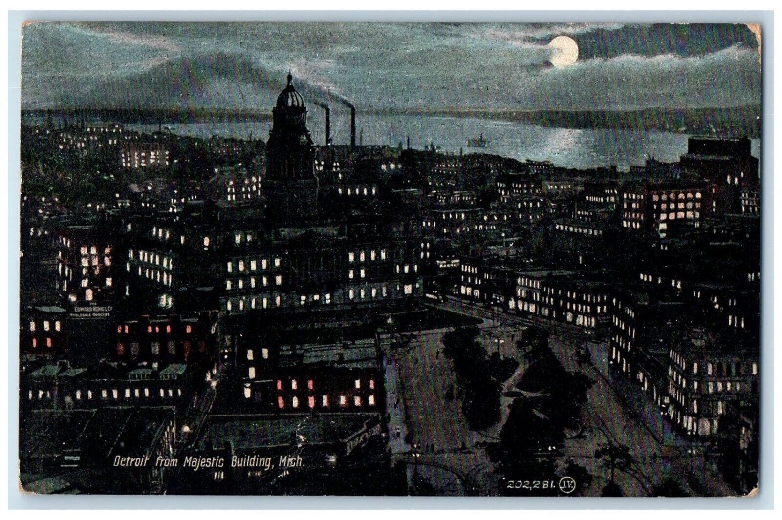 1909 Detroit Majestic Building Night Aerial View Michigan Mich Souvenir Postcard