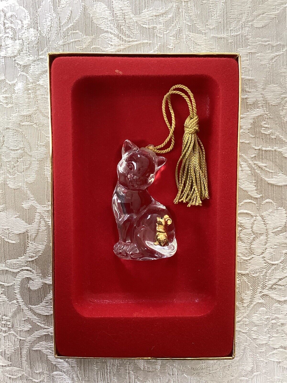 Gorham Antique Gold Cat’s Best Friend Full Lead Crystal Christmas Ornament NEW