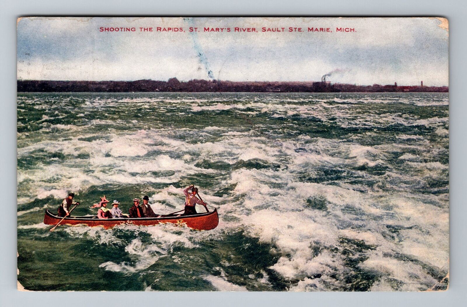 Sault Ste. Marie MI-Michigan Shooting the Rapids Canoeing c1909 Vintage Postcard