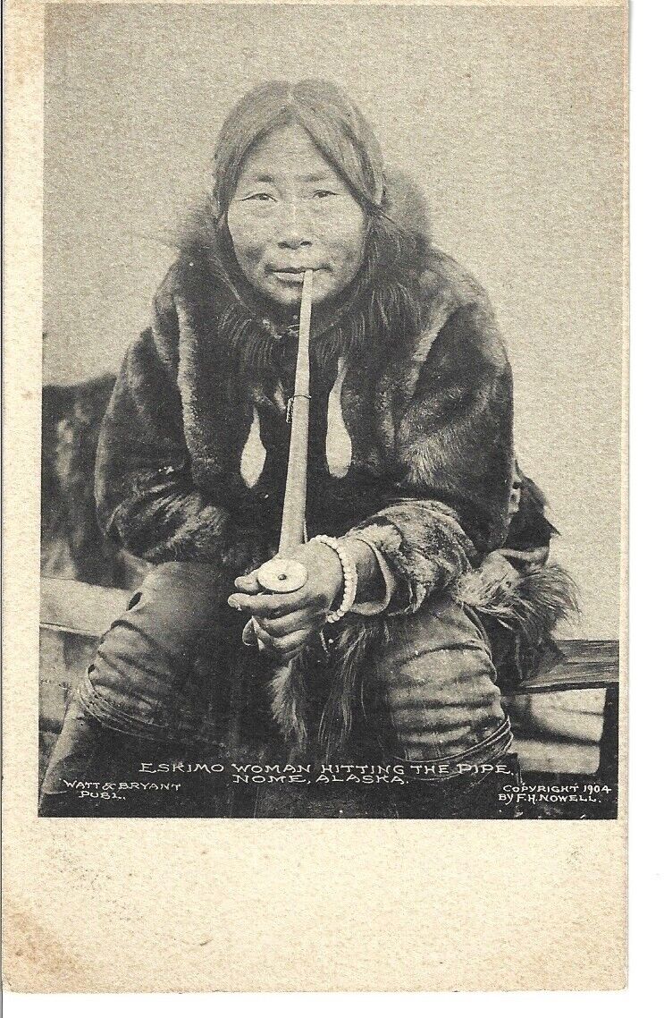 Nome Alaska Antique Postcard Eskimo Woman Hitting The Pipe Smoking Early 1900s