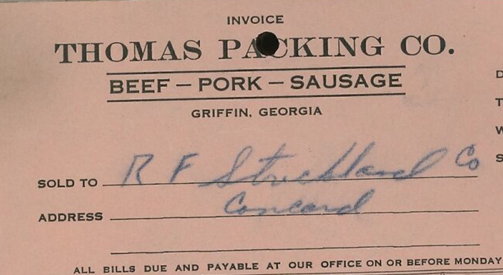 1950 Thomas Packing Co. Griffin GA Beef-Pork-Sausage Invoice for Meat  378