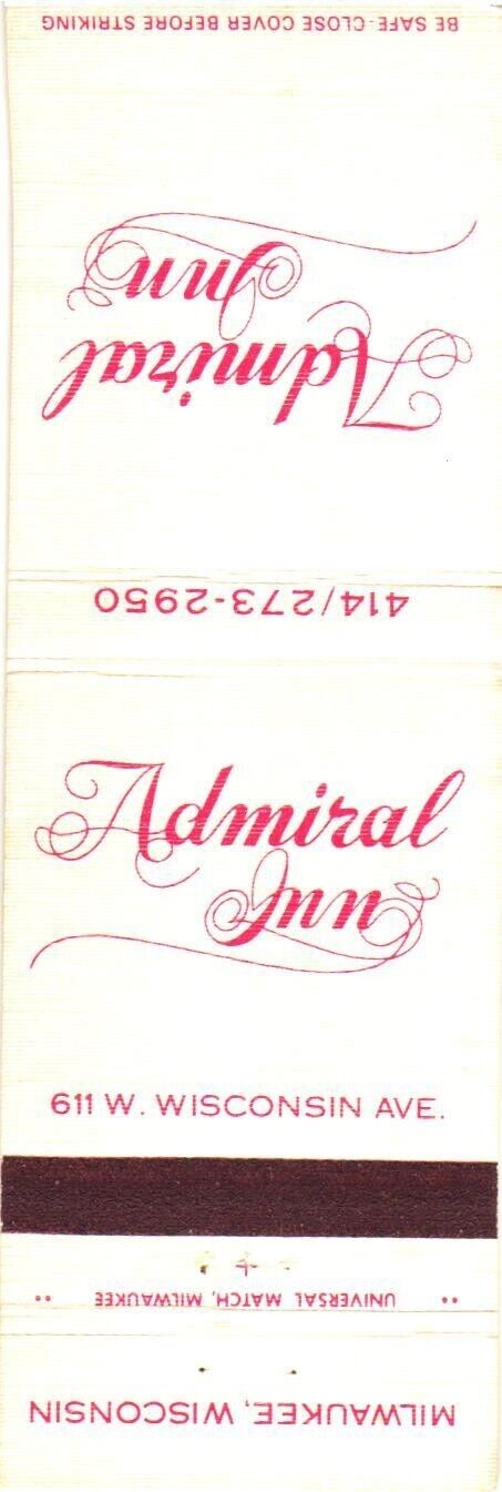 Milwaukee Wisconsin Admiral Inn Tiffany Lounge Vintage Matchbook Cover