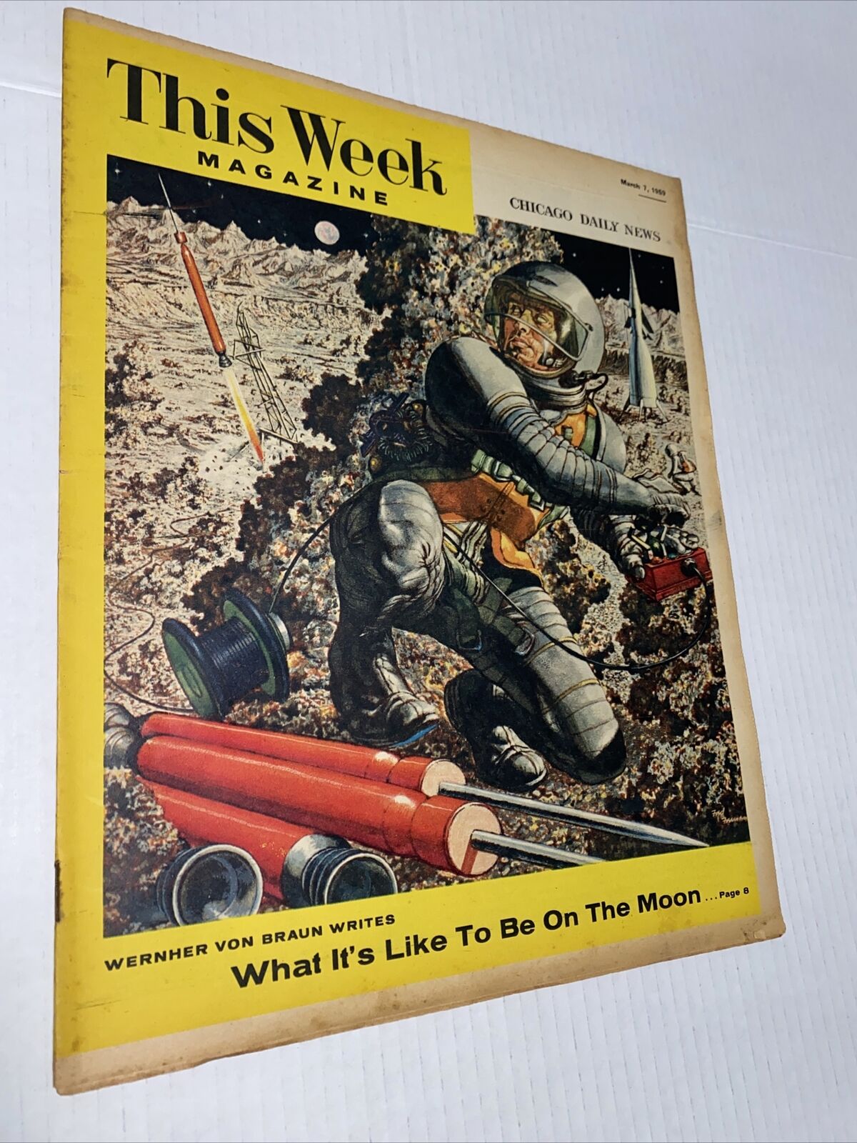 Vintage 1950s First Men To Moon Fred Freeman Sci-Fi Art Space Race Chicago ADS