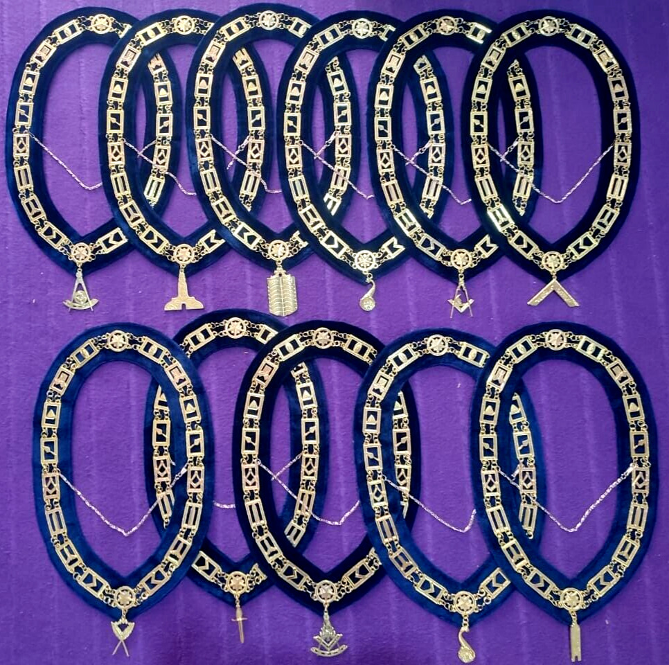 Masonic Blue Lodge Golden Chain Collar With Jewels Navy Blue Backing Set Of 12
