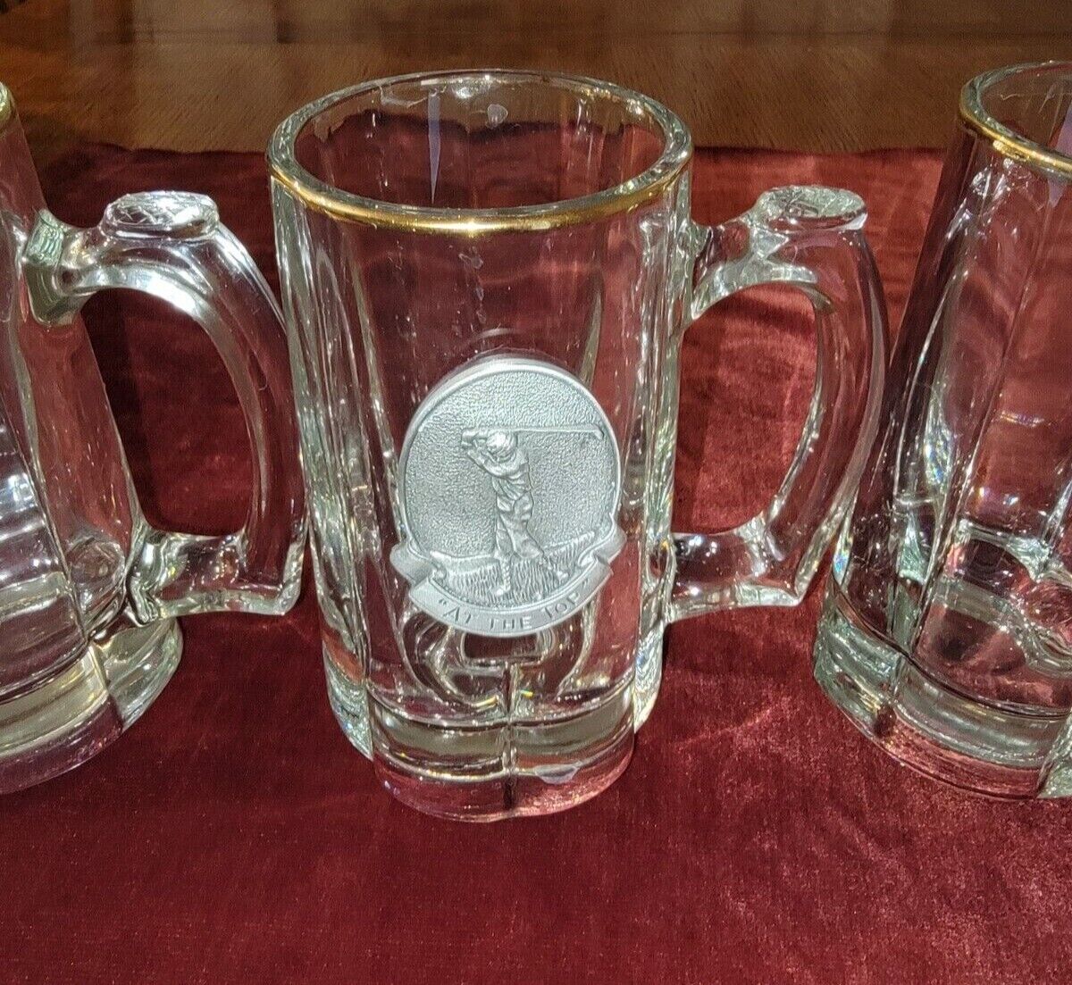 Golf Decor Mugs Set of 4 (Fore) Crystal Mugs with a Golf Pewter Emblem on Mug