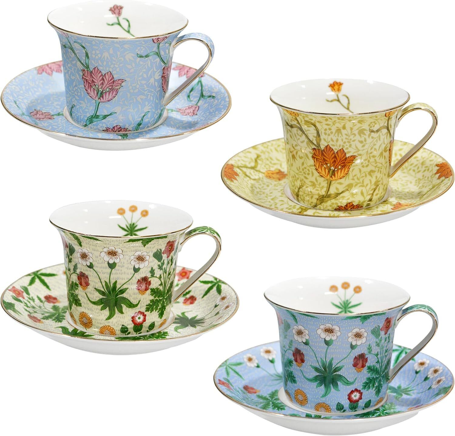 Tea Cups and Saucers Set of 4, Unique Floral Bone China Tea Cup Set of 4,