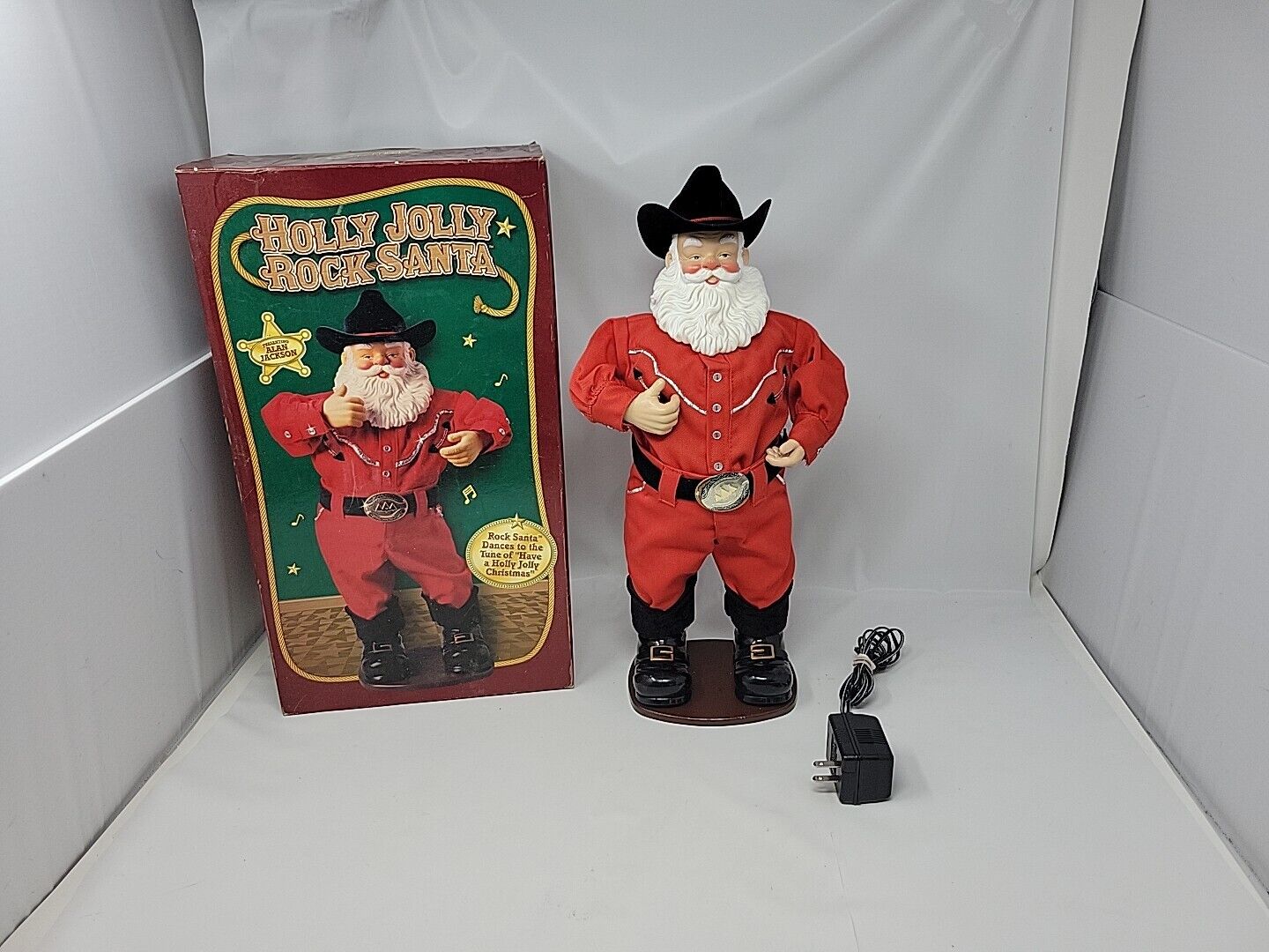 1999 Holly Jolly Rock Santa Animated Dancing Cowboy Alan Jackson in Box - WORKS 